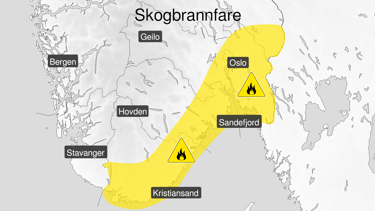Map over Forest fire danger expected, yellow level, Parts of Southeast Norway, 2023-05-05T10:00:00+00:00, 2023-05-08T22:00:00+00:00