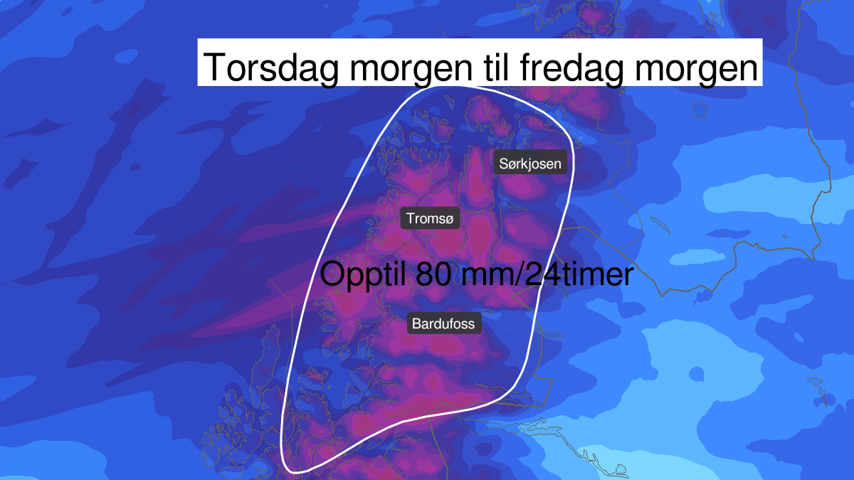 Heavy rain, yellow level, Troms, 14 February 06:00 UTC to 15 February 06:00 UTC.