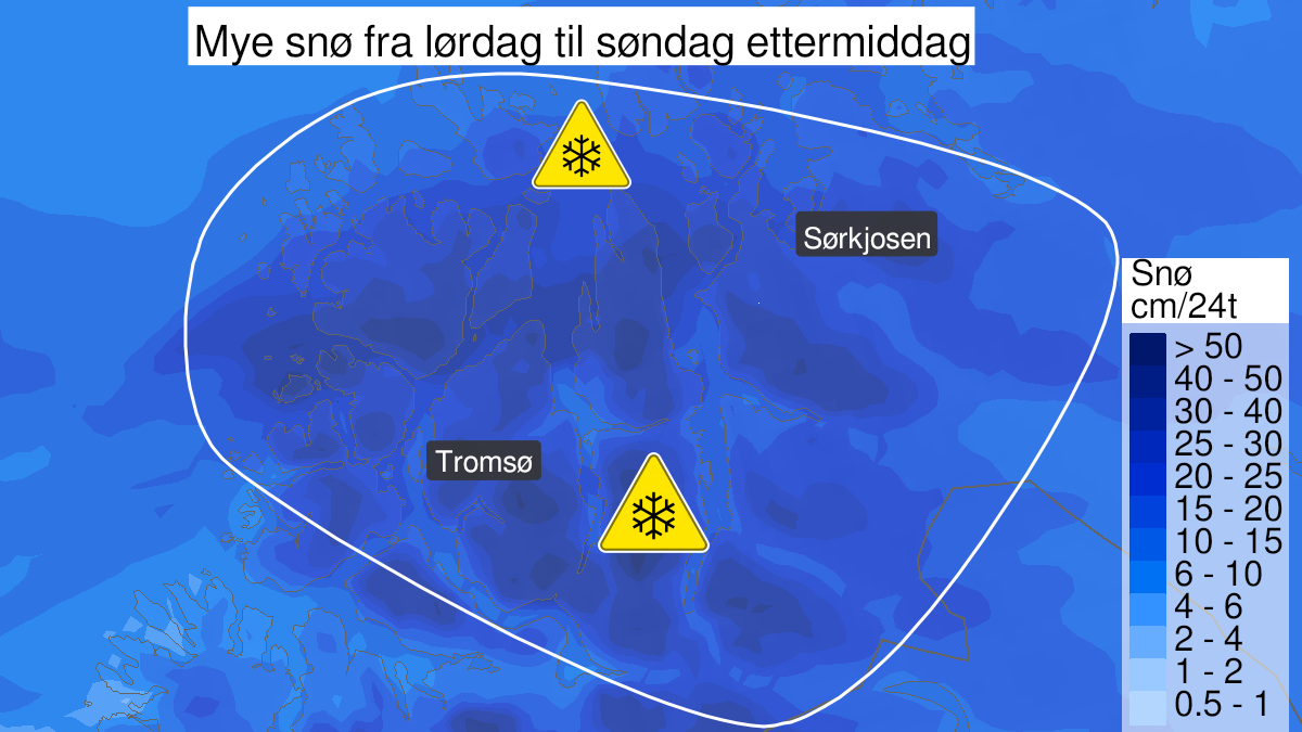 Kart over snø, gult nivå, Nord-Troms, 15 January 15:00 UTC til 16 January 15:00 UTC.