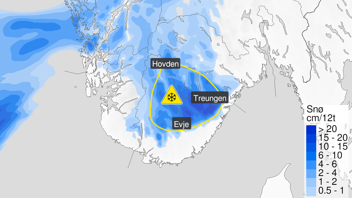 Kart over snø, gult nivå, Telemark og Agder, 26 November 15:00 UTC til 27 November 08:00 UTC.
