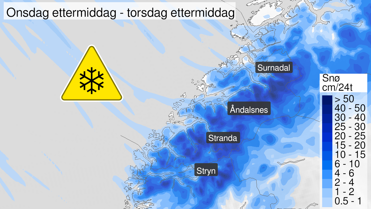 Kart over snø, gult nivå, Nordfjord og Møre og Romsdal, 23 December 13:00 UTC til 24 December 15:00 UTC.