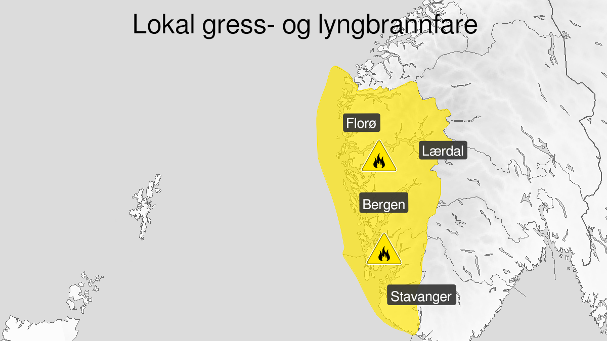 Kart over Skogbrannfare, gult nivå, Vestlandet sør for Stad, 2023-05-05T10:00:00+00:00, 2023-05-08T22:00:00+00:00