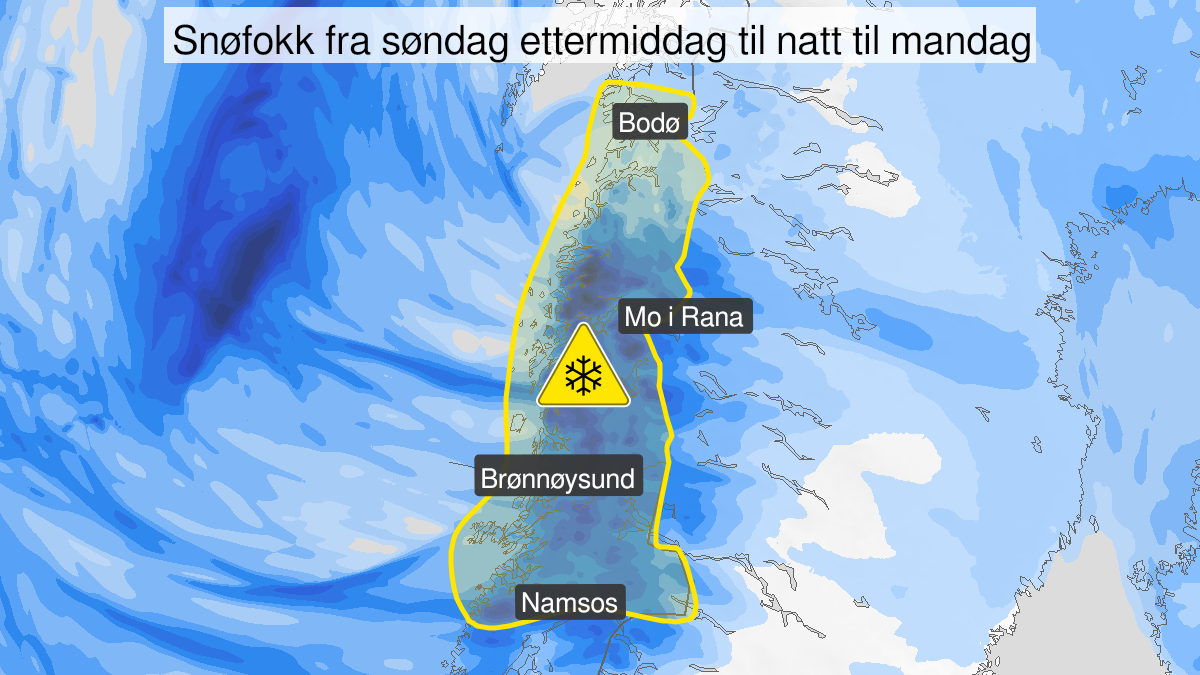 Kart over Kraftig snøfokk, gult nivå, Deler av Nord-Trøndelag, Helgeland, Saltfjellet og deler av Salten, 2022-12-18T11:00:00+00:00, 2022-12-19T03:00:00+00:00