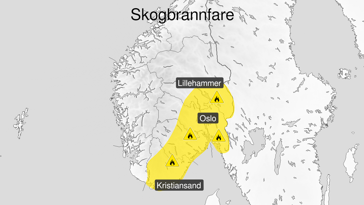 Map of forest fire danger expected, yellow level, Oestlandet, 18 June 07:00 UTC to 21 June 12:00 UTC.