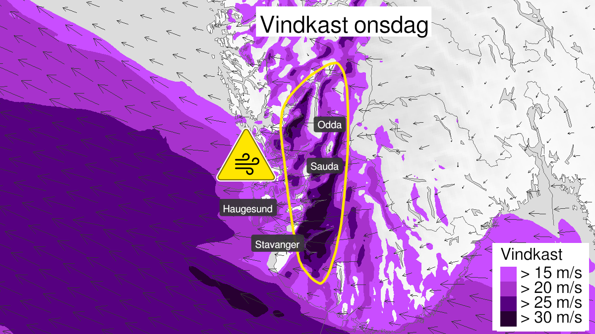 Map of strong wind gusts, yellow level, Rogaland, Sunnhordland, Kvam, Jondal, Ullensvang and Odda, 07 December 23:00 UTC to 08 December 18:00 UTC.