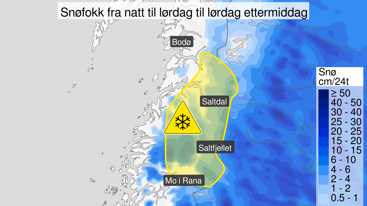 Kart over Kraftig snøfokk, gult nivå, Fjelloverganger i deler av Nordland, 2023-10-14T00:00:00+00:00, 2023-10-14T12:00:00+00:00