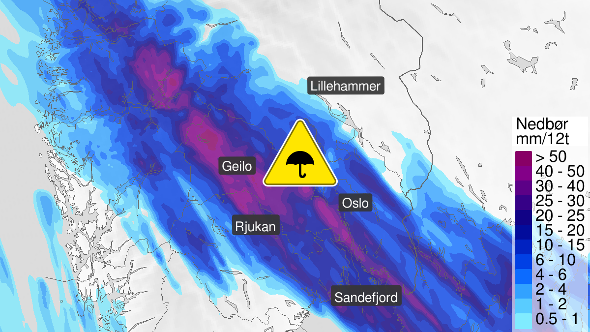 Map of heavy rain, yellow level, Oestlandet and Telemark, 21 June 12:00 UTC to 22 June 06:00 UTC.