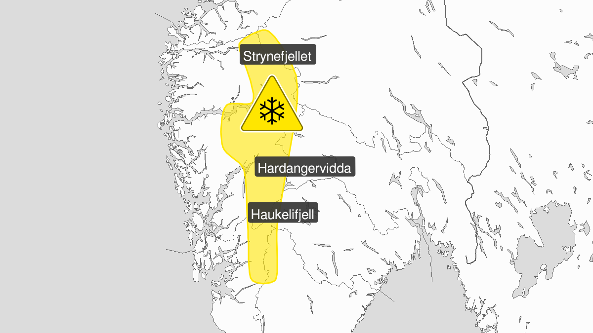 Map over Blowing snow, yellow level, Western mountainous areas in South Norway, 2023-12-18T19:00:00+00:00, 2023-12-19T09:00:00+00:00