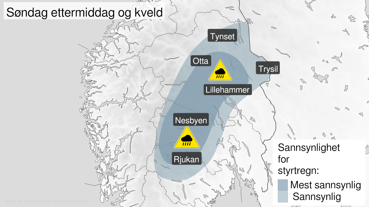 Kart over Styrtregn, gult nivå, Deler av Østlandet, 2023-07-09T13:00:00+00:00, 2023-07-09T22:00:00+00:00