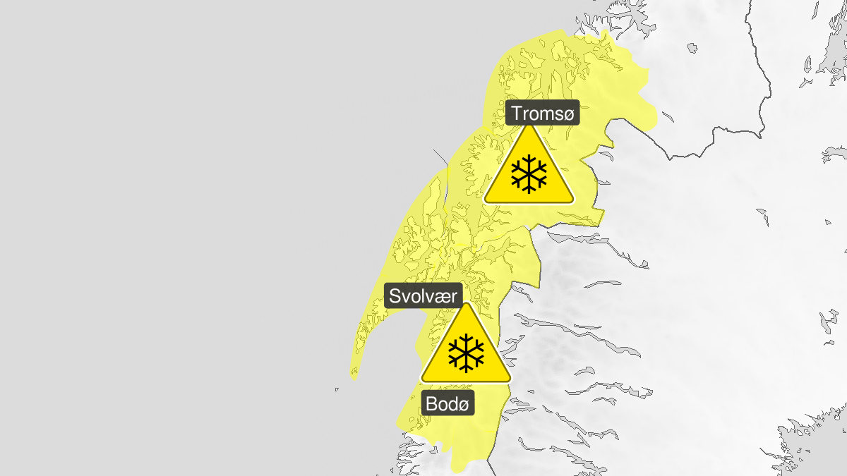Map of blowing snow, yellow level, Saltfjellet, Salten, Lofoten, Ofoten and Vesteraalen and Troms, 26 March 13:00 UTC to 27 March 06:00 UTC.