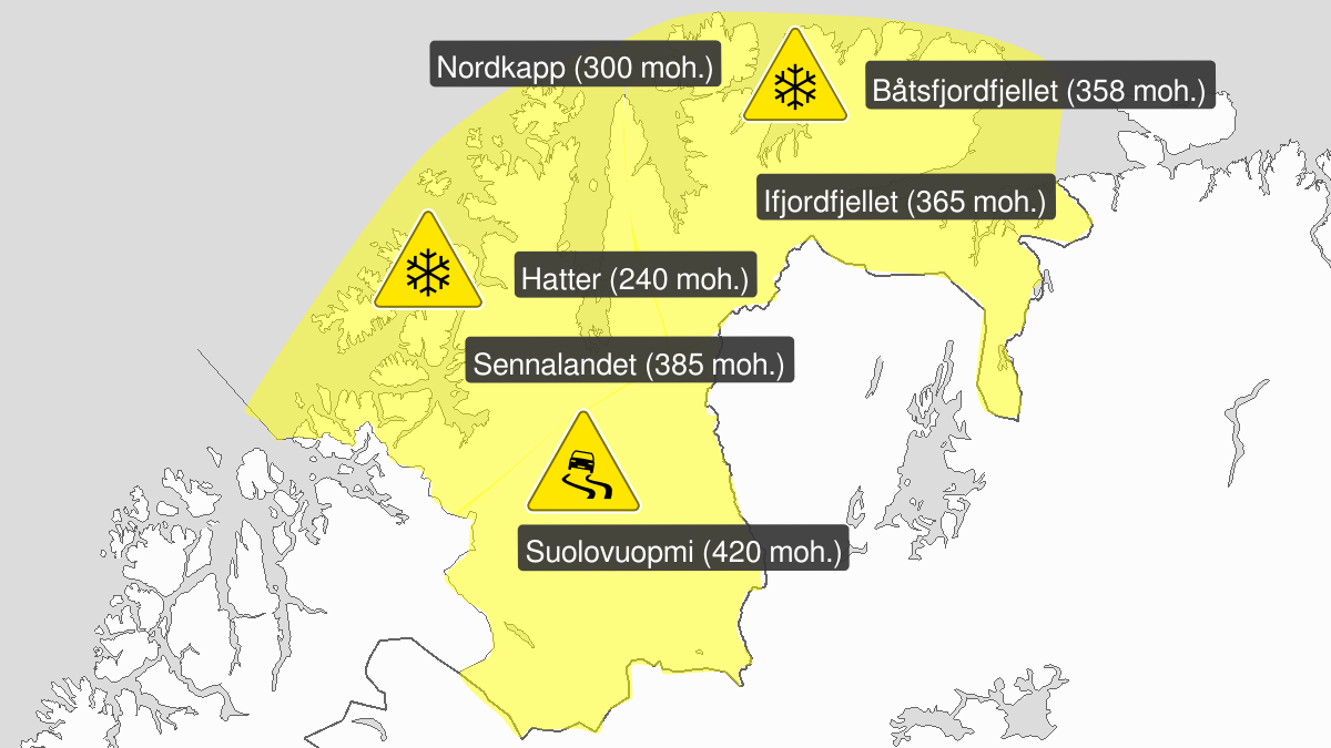 Heavy snow, yellow level, Finnmark, 20 September 07:00 UTC to 22 September 22:00 UTC.
