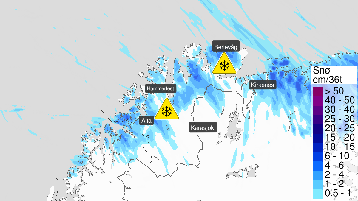 Heavy snow, yellow level, Finnmark, 02 October 07:00 UTC to 05 October 10:00 UTC.