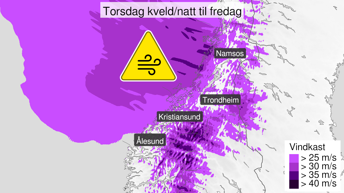 Kart over kraftige vindkast, gult nivå, Møre og Romsdal og Trøndelag, 13 January 20:00 UTC til 14 January 08:00 UTC.