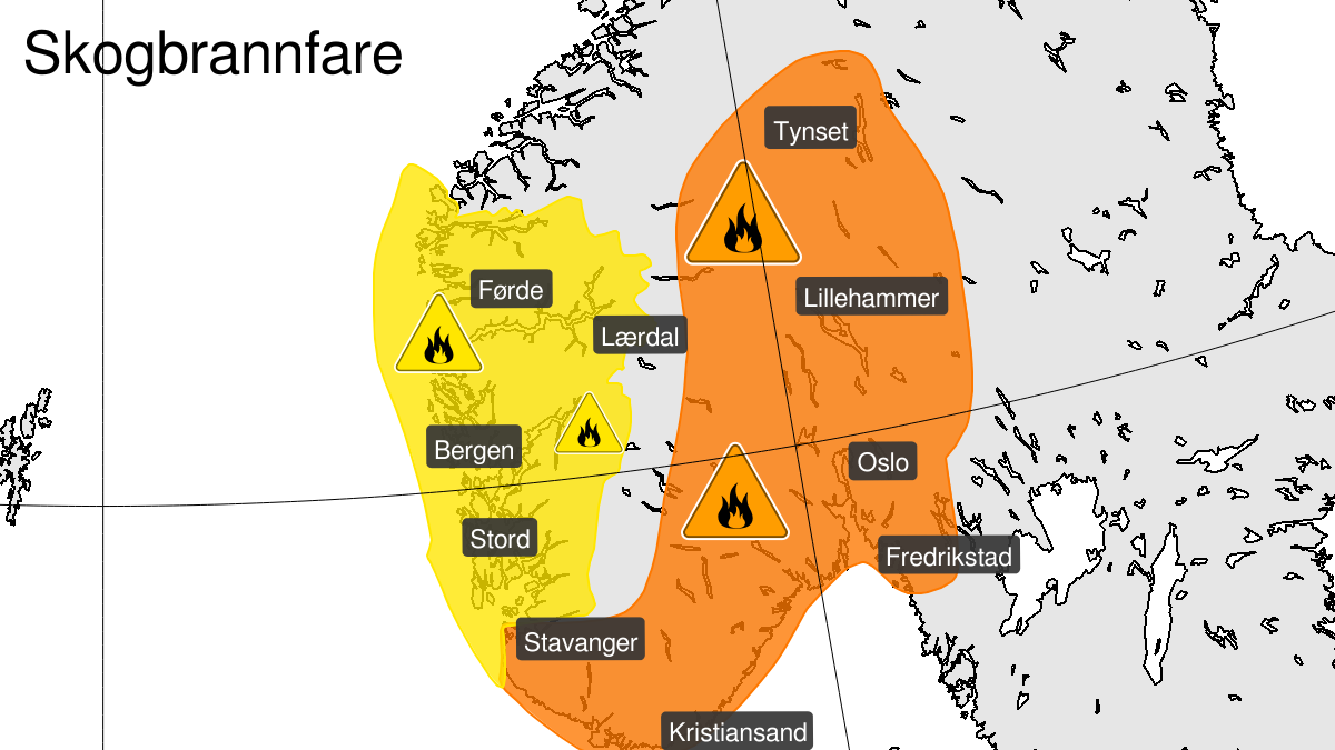 Map over Forest fire danger, yellow level, Parts of Vestlandet south of Stad, 2023-06-09T10:00:00+00:00, 2023-06-15T22:00:00+00:00