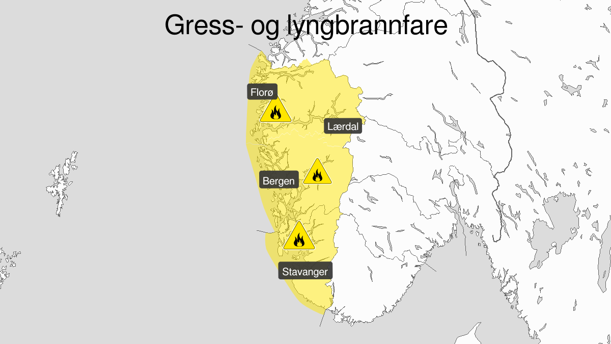 Kart over skogbrannfare, gult nivå, Vestlandet sør for Stad, 23 April 00:00 UTC til 26 April 18:00 UTC.