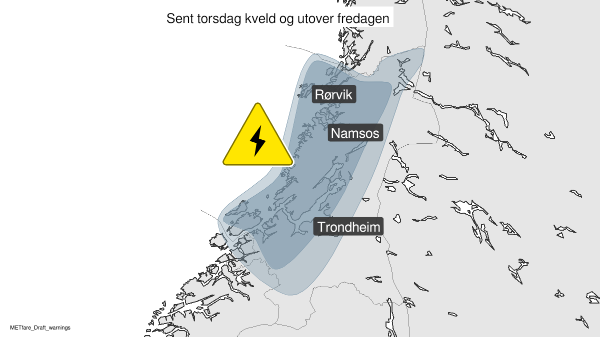 Kart over Mye lyn, gult nivå, Deler av Trøndelag, 2022-10-06T20:00:00+00:00, 2022-10-07T16:00:00+00:00