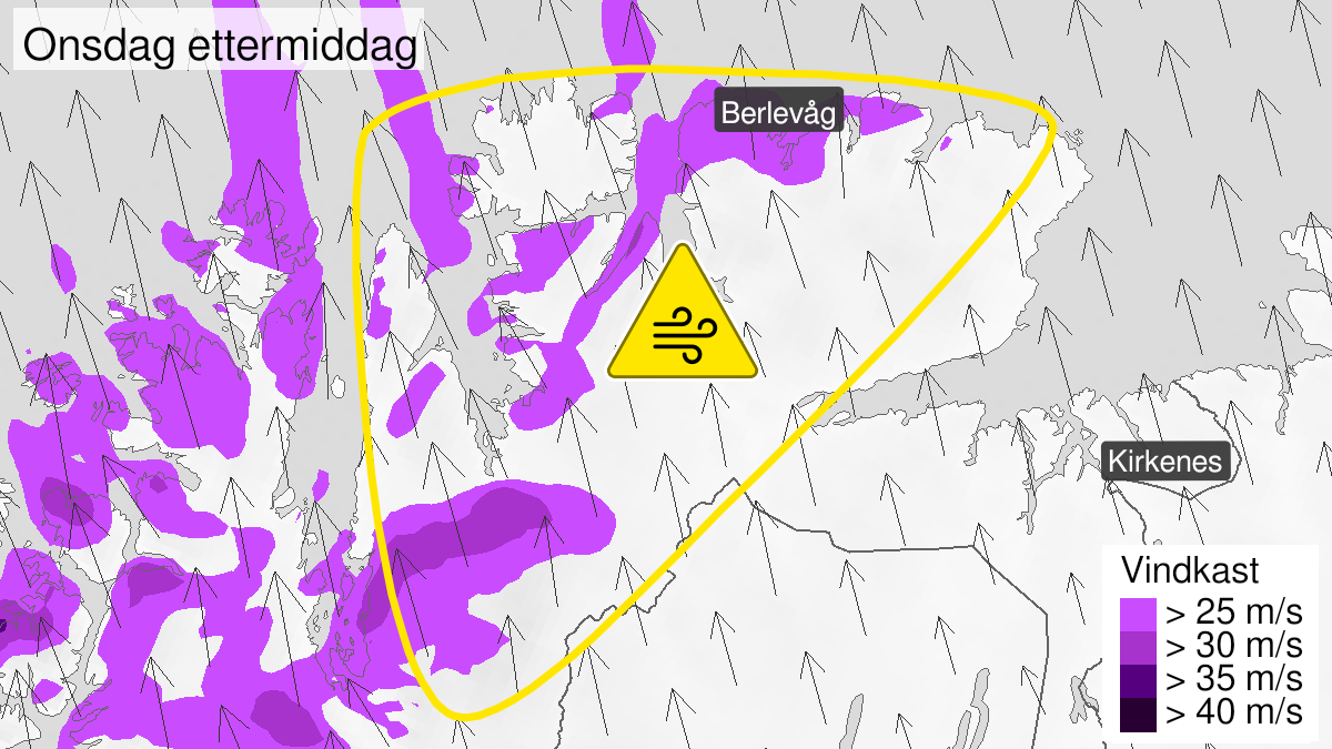 Map of strong wind gusts, yellow level, Øst-Finnmark, 22 September 05:00 UTC to 22 September 23:00 UTC.