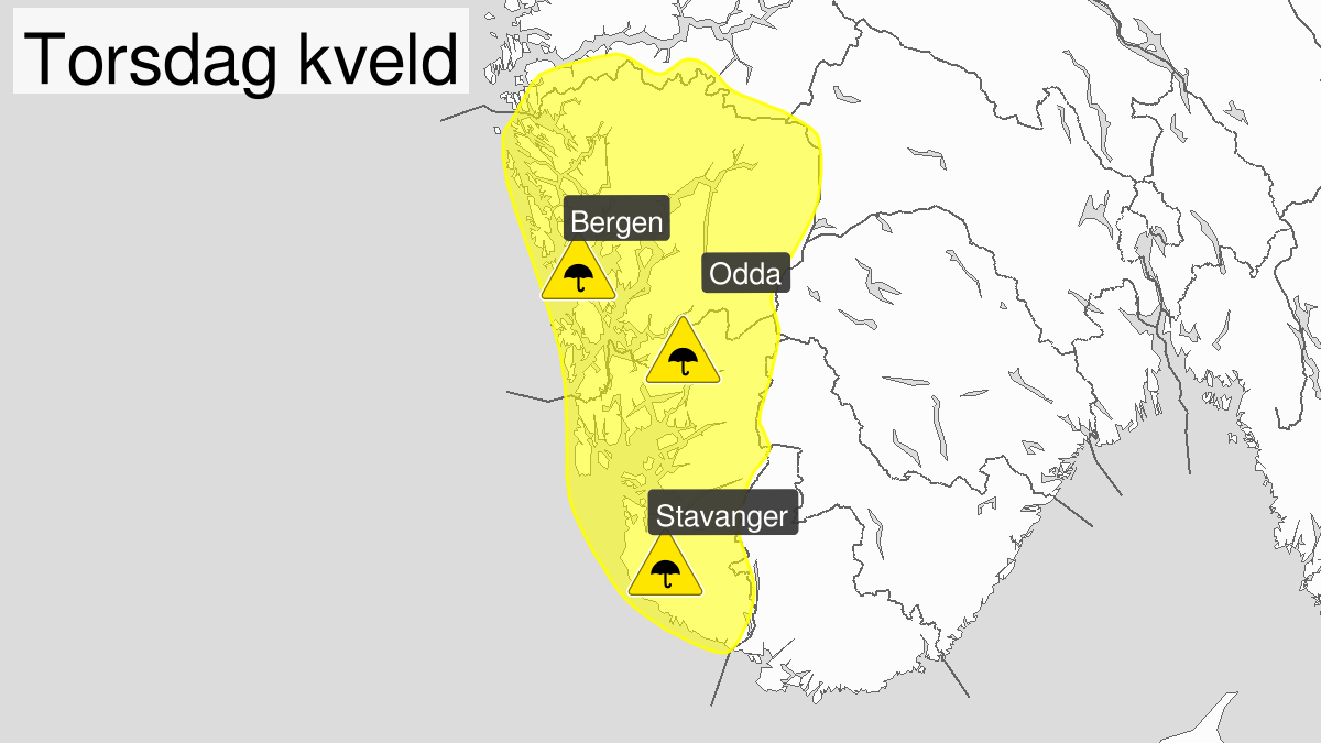 Kraftige regnbyger, gult nivå, Rogaland og Hordaland, 06 June 17:00 UTC til 06 June 23:00 UTC.