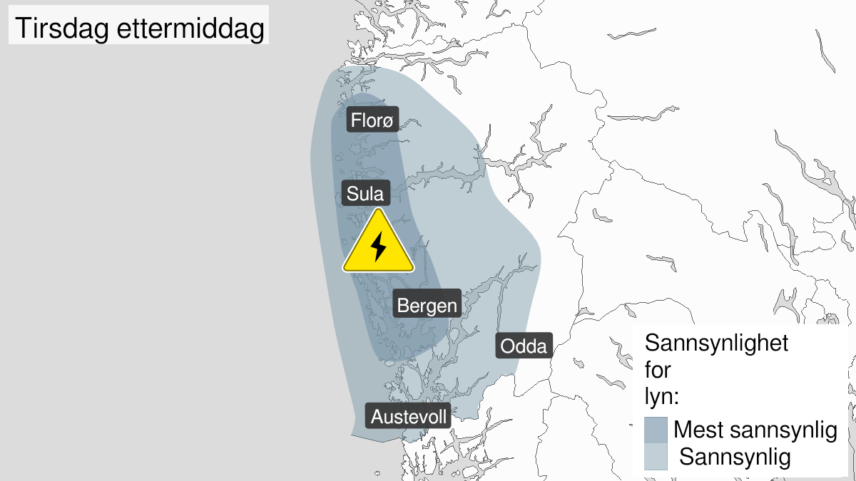 Map over Frequent lightning ongoing, yellow level, Parts of Vestland, 2024-08-13T10:00:00+00:00, 2024-08-13T14:05:00+00:00