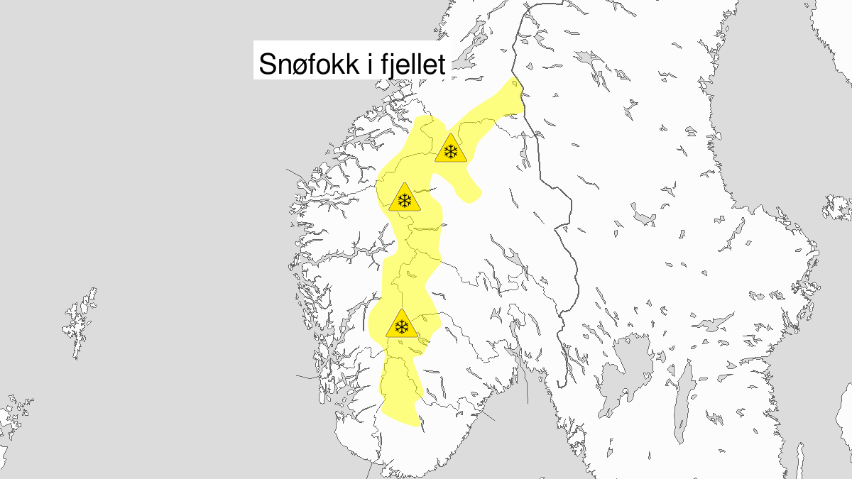 Blowing snow, yellow level, Fjellet i Soer-Norge, 20 February 07:00 UTC to 23 February 06:00 UTC.