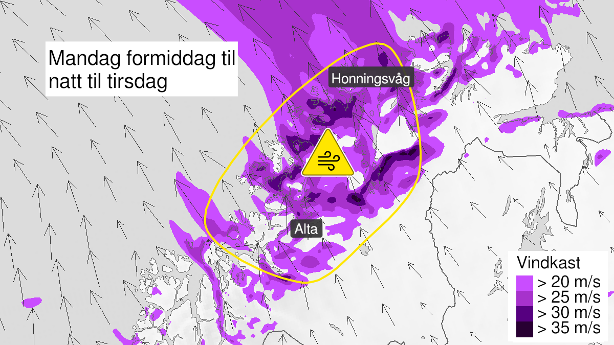 Map of strong wind gusts, yellow level, Kyst- and fjordstroekene i Vest-Finnmark, 21 February 00:00 UTC to 23 February 00:00 UTC.