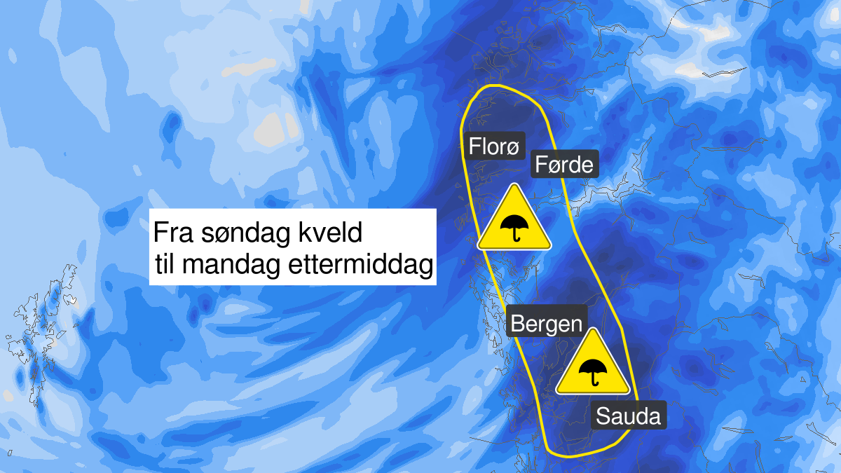Map over Downgraded alert warning for rain, Parts of Rogaland and Vestland