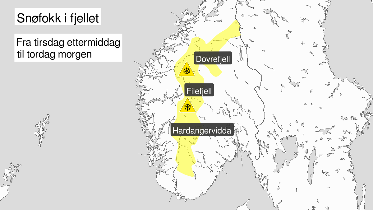 Blowing snow, yellow level, Fjellet i Soer-Norge, 07 January 14:00 UTC to 09 January 06:00 UTC.