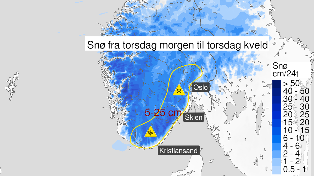 Map of snow, yellow level, Oslo, Akershus, Buskerud, Vestfold, Telemark and Agder, 17 March 07:00 UTC to 17 March 21:00 UTC.