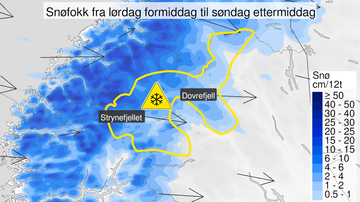 Kart over Kraftig snøfokk, gult nivå, Deler av fjellet i Innlandet, 2023-04-29T08:00:00+00:00, 2023-04-30T15:00:00+00:00
