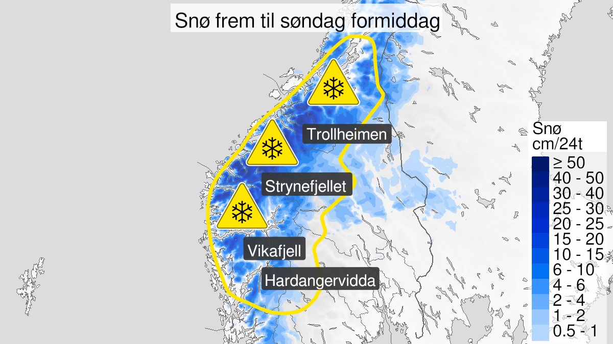 Kart over Snø, gult nivå, Store deler av fjellet i Sør-Norge, 2024-09-27T10:00:00+00:00, 2024-09-29T10:00:00+00:00