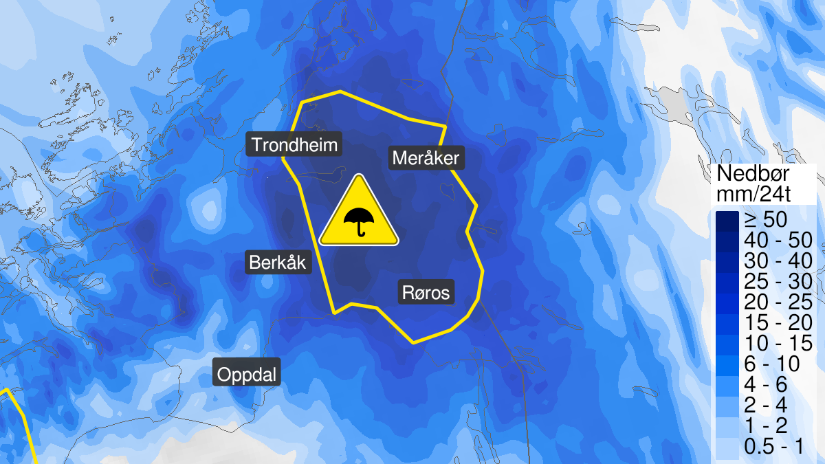 Kart over Mye regn, gult nivå, Deler av Trøndelag, 2024-06-10T15:00:00+00:00, 2024-06-11T17:00:00+00:00
