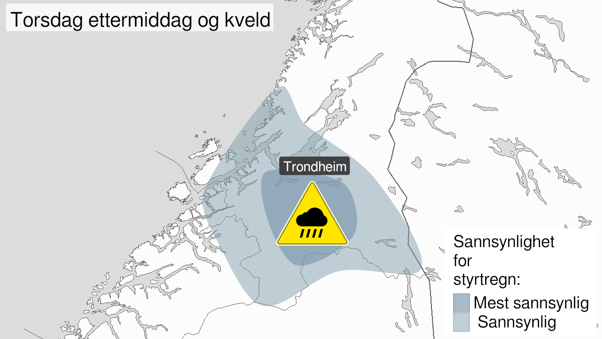 Map of heavy rainshowers, yellow level, Sør-Trøndelag, 29 July 14:00 UTC to 29 July 21:00 UTC.