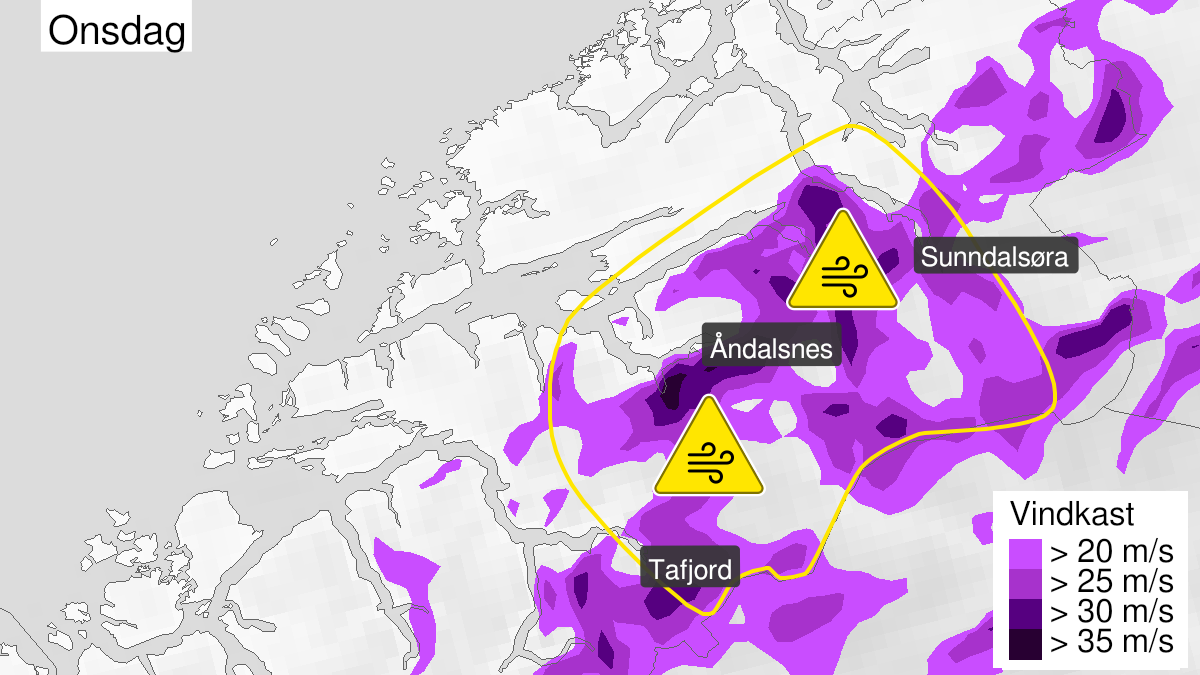 Map over Downgraded alert warning for wind gusts, Parts of Møre and Romsdal