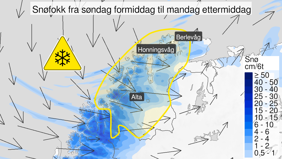 Map over Blowing snow, yellow level, Parts of Troms and Finnmark, 2023-02-12T10:00:00+00:00, 2023-02-13T16:00:00+00:00