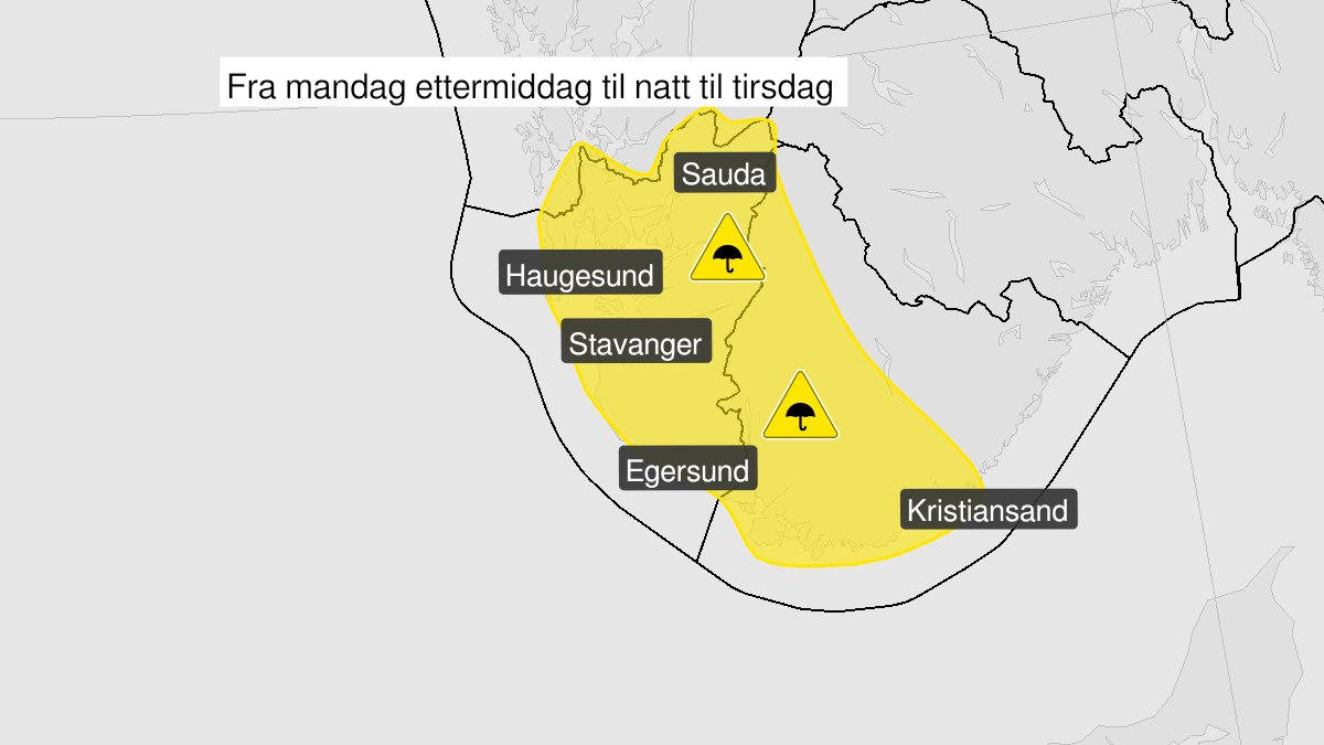 Kart over Mye regn, gult nivå, Rogaland og Vest-Agder, 2022-09-12T14:00:00+00:00, 2022-09-13T02:00:00+00:00