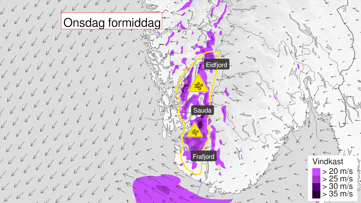 Kart over Kraftige vindkast, gult nivå, Deler av Rogaland og Hordaland, 2024-07-10T06:00:00+00:00, 2024-07-10T12:00:00+00:00