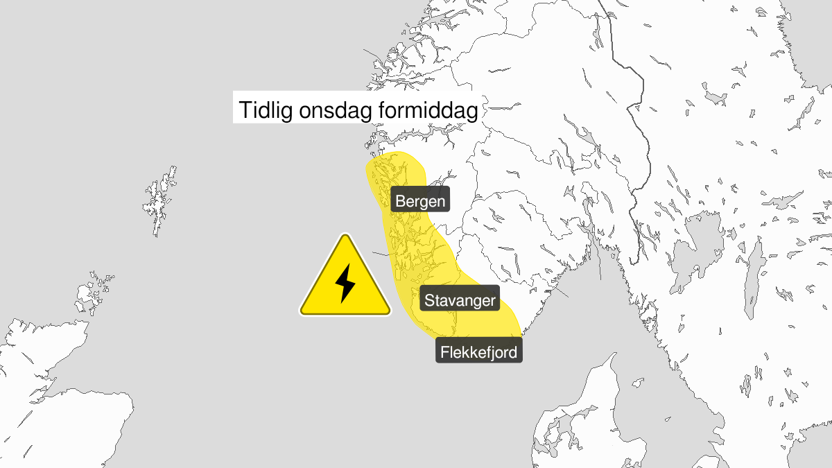 Kart over Mye lyn, gult nivå, Deler av Hordaland, Rogaland og Agder, 2023-09-27T04:30:00+00:00, 2023-09-27T07:00:00+00:00