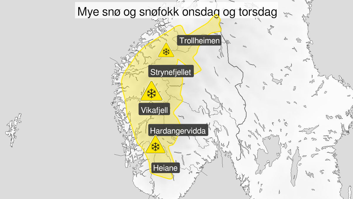 Kart over Snø pågår, gult nivå, Fjellet i Sør-Norge, 2023-11-22T06:00:00+00:00, 2023-11-23T18:00:00+00:00