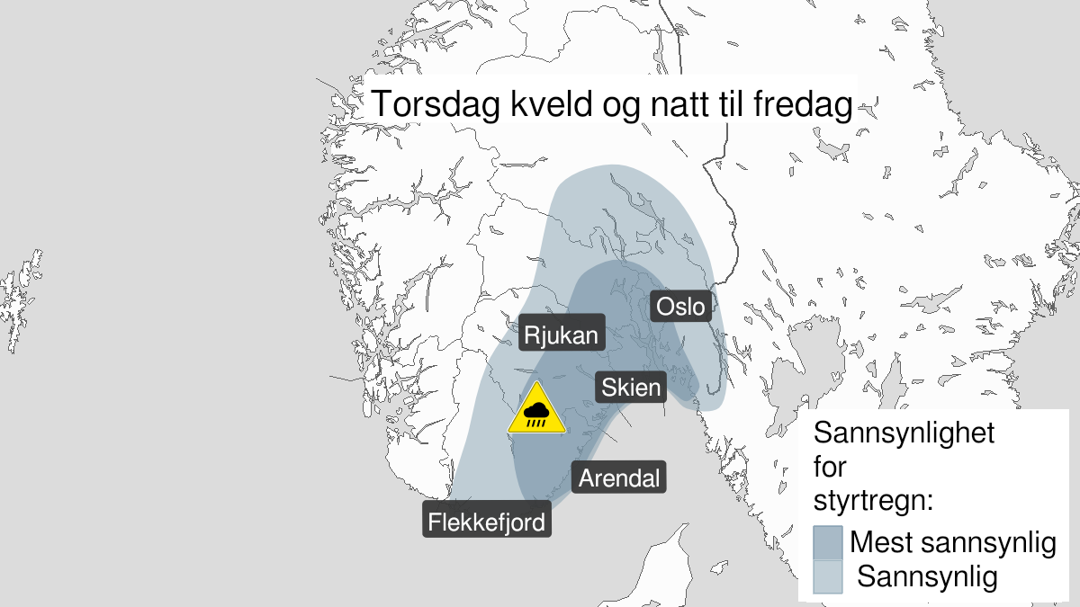 Map over Heavy rainshowers, yellow level, Agder and parts of Østlandet, 2024-06-27T17:00:00+00:00, 2024-06-28T06:00:00+00:00