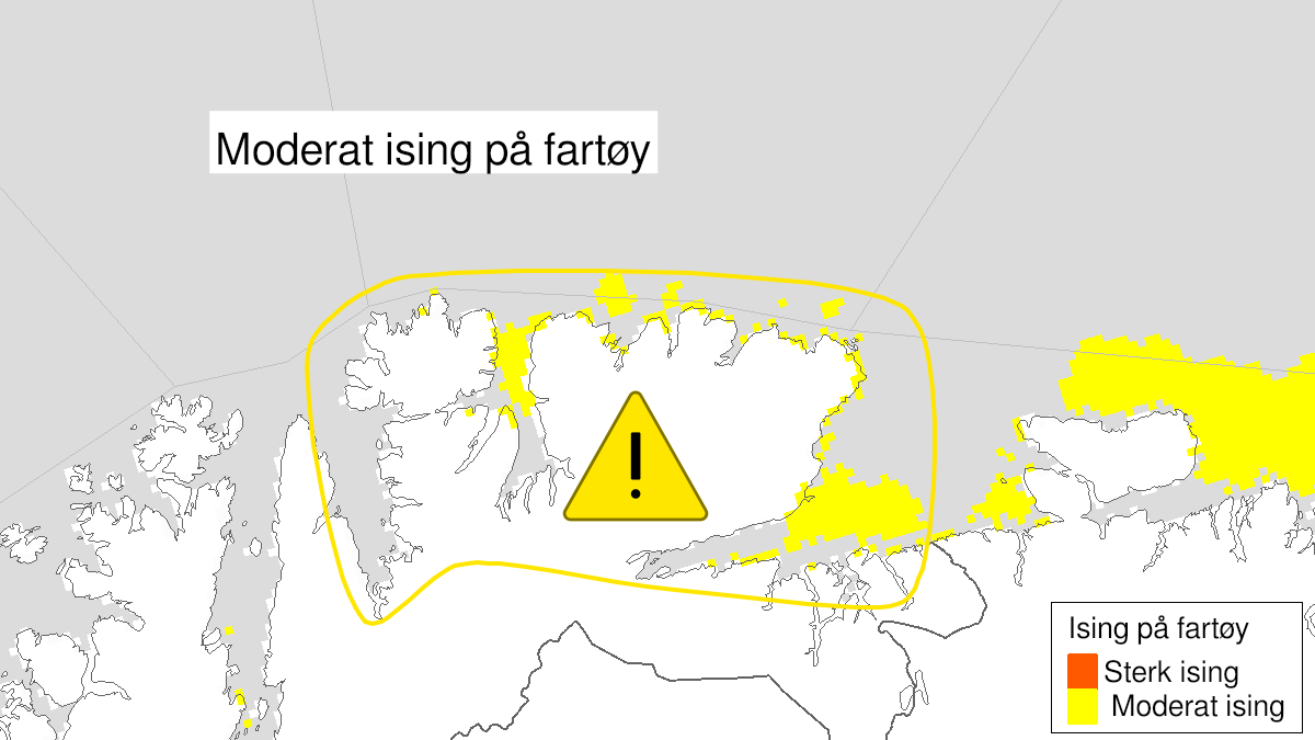 Kart over moderat ising på skip, gult nivå, Øst-Finnmark, 22 January 11:00 UTC til 23 January 03:00 UTC.
