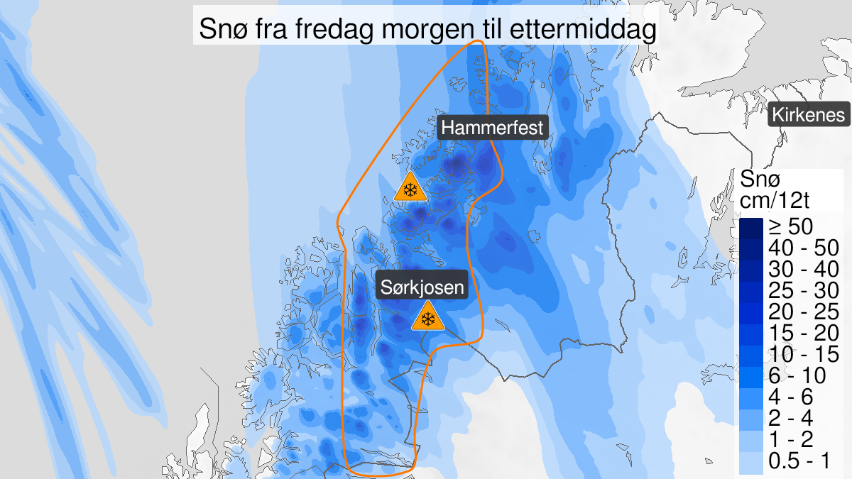 Kart over Svært mye snø, oransje nivå, Deler av Troms og Vest-Finnmark, 2023-03-30T12:00:00+00:00, 2023-03-31T18:00:00+00:00