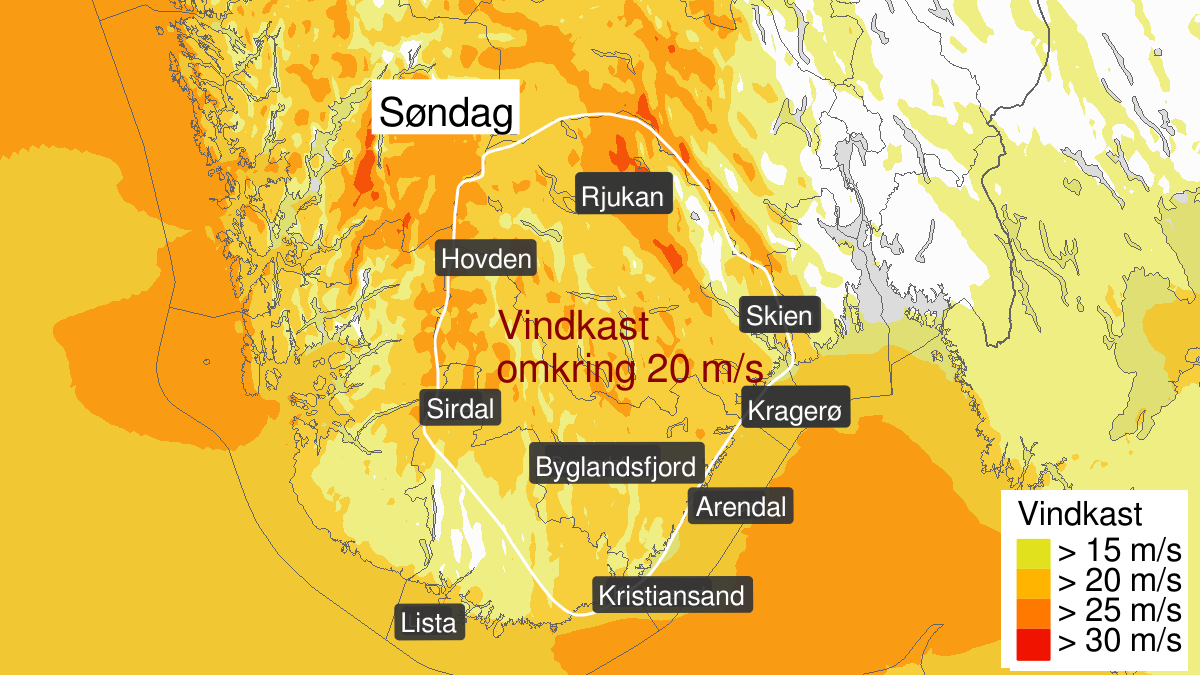 Svært kraftige vindkast, oransje nivå, Telemark og Agder, 15 September 08:00 UTC til 15 September 20:00 UTC.