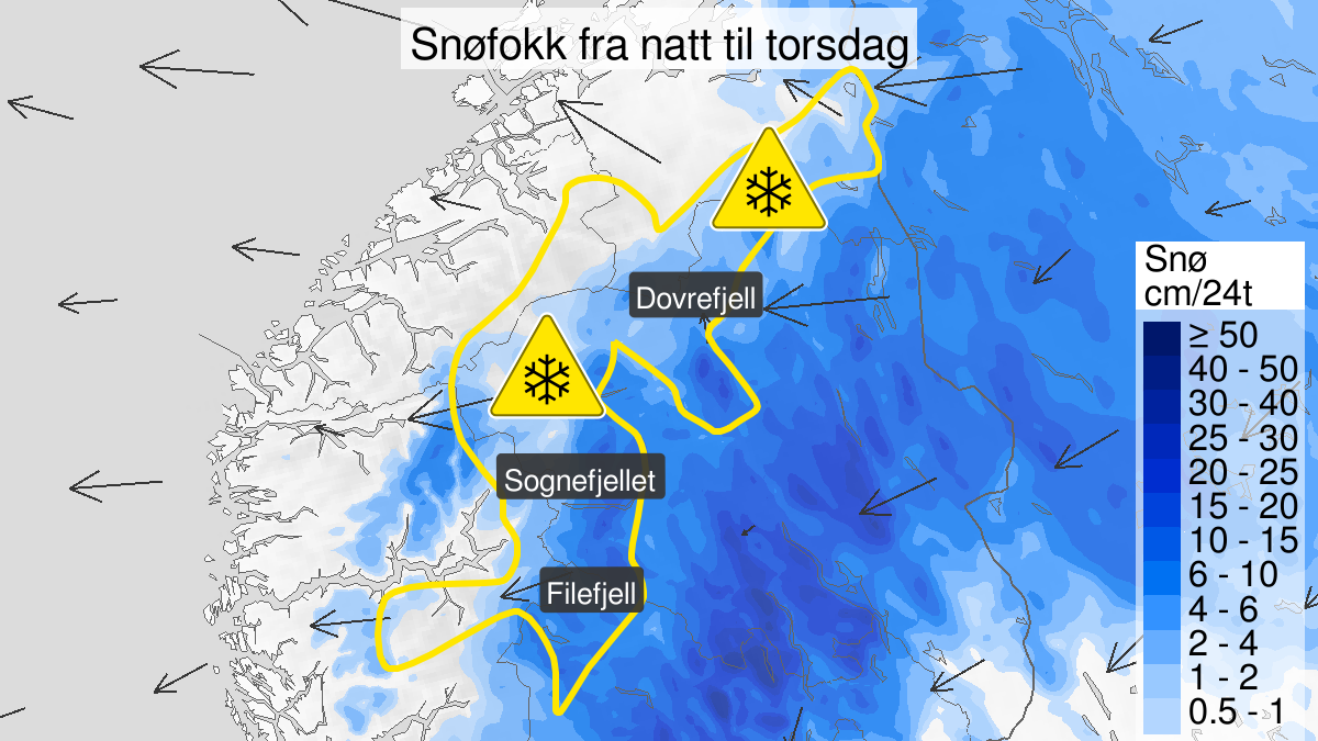 Kart over Kraftig snøfokk, gult nivå, Nordlige deler av fjellet i Sør-Norge, 2023-11-02T00:00:00+00:00, 2023-11-04T08:00:00+00:00
