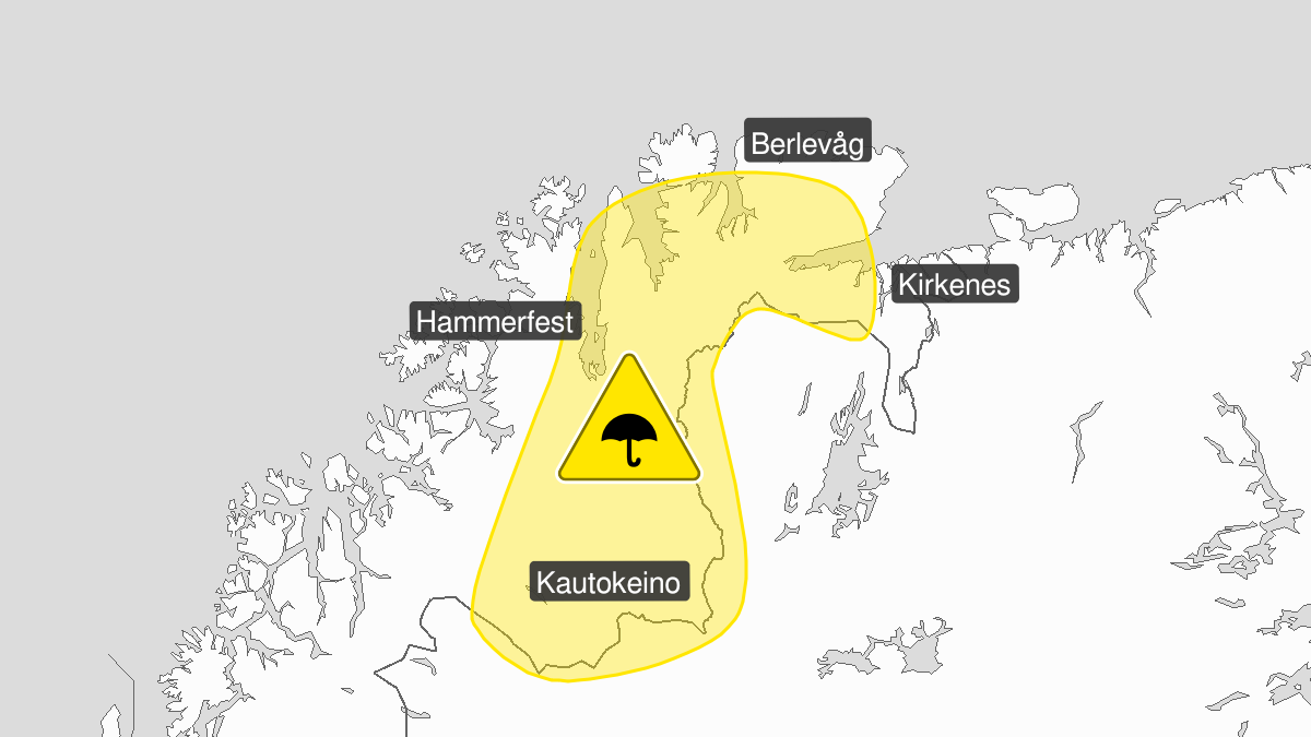Kart over Mye regn, gult nivå, Deler av Finnmark, 2022-08-17T15:00:00+00:00, 2022-08-18T03:00:00+00:00