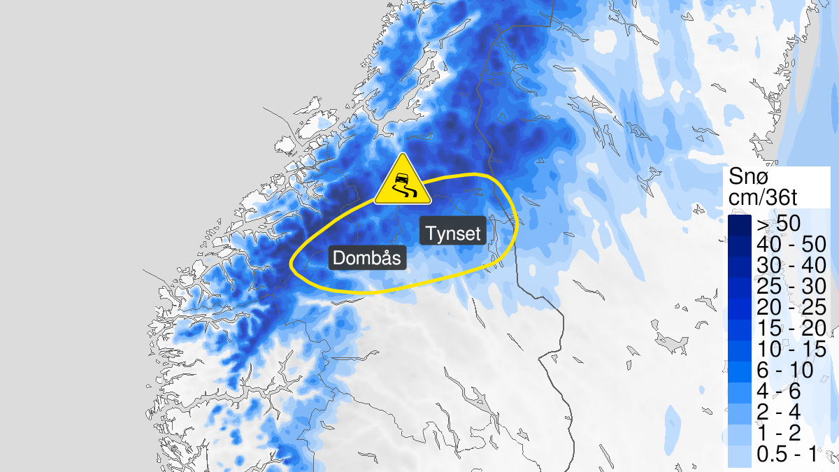Kart over kraftig snøfokk, gult nivå, Rondane, Fjellstrøkene Dovrefjell-Svenskegrensen, Fjellstrøkene Trollheimen-Strynefjellet, 18 December 17:00 UTC til 20 December 00:00 UTC.