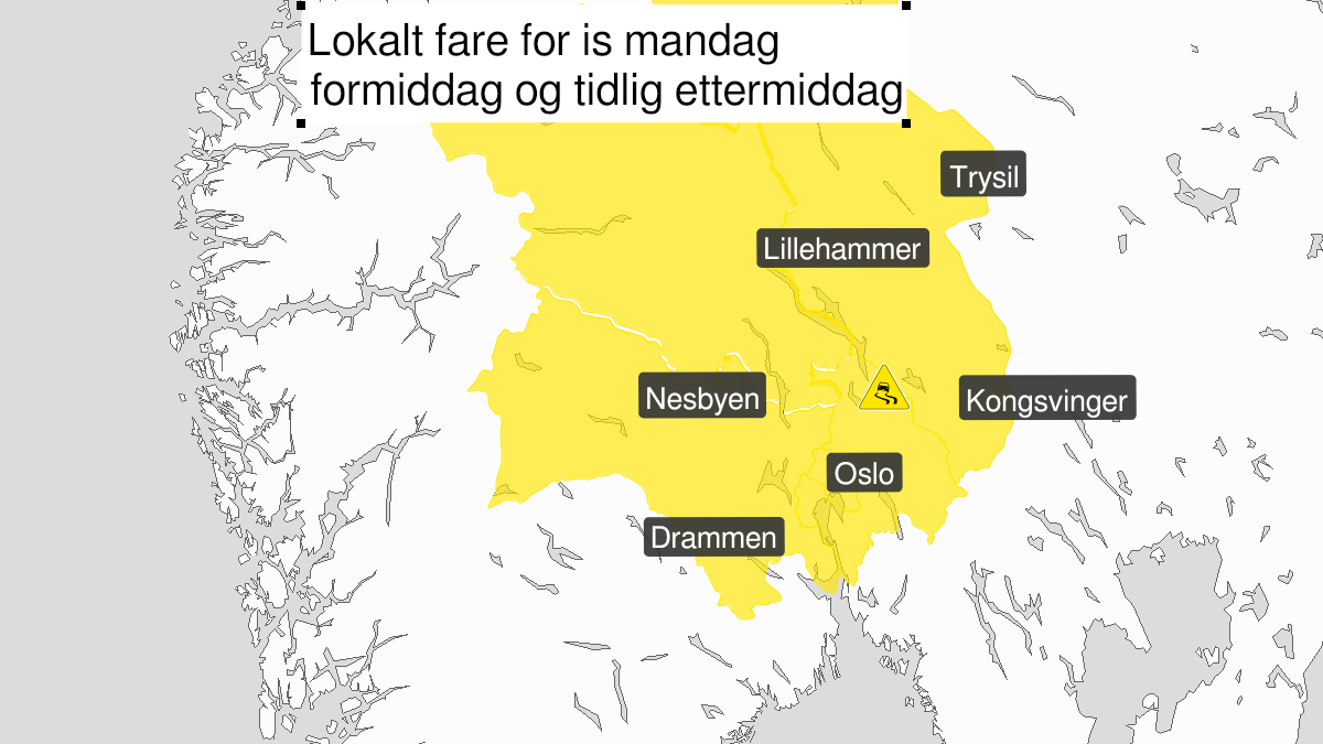 Kart over is, gult nivå, Buskerud, Oslo, Akershus, Oppland og Hedmark, 03 January 08:00 UTC til 03 January 15:00 UTC.