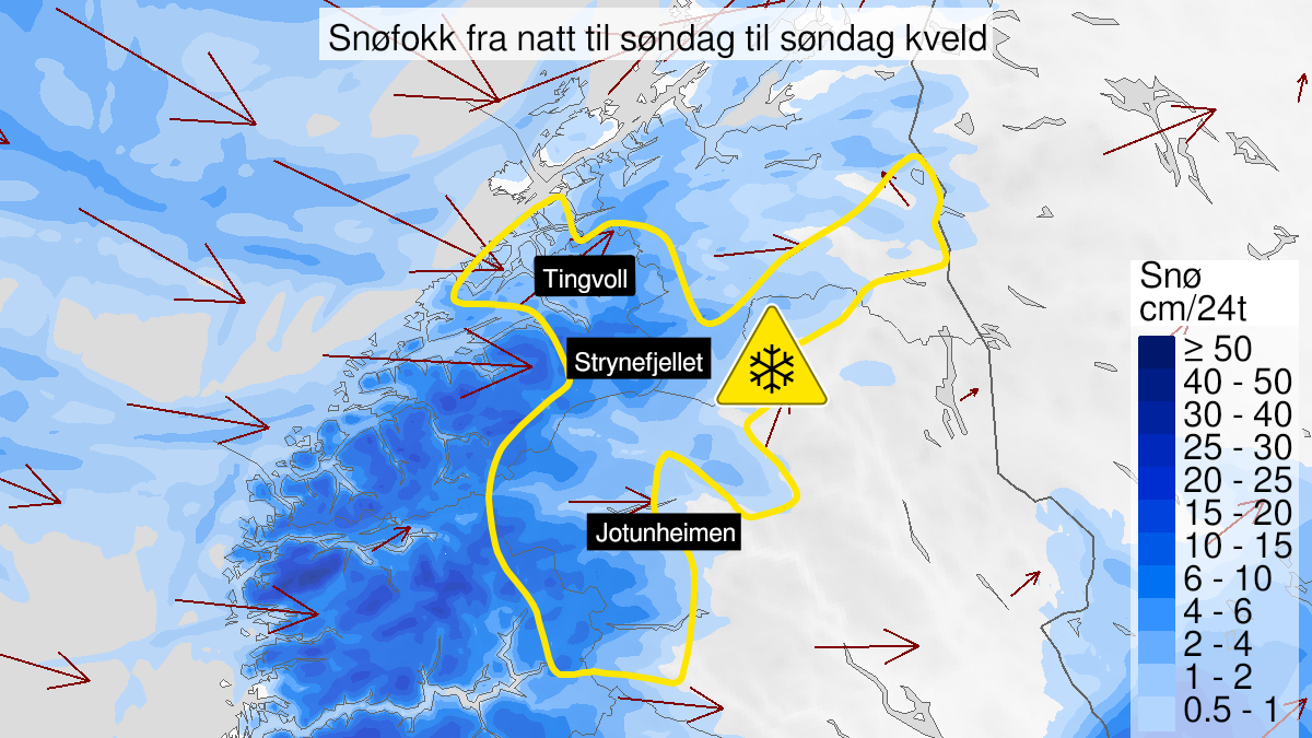 Map over Blowing snow, yellow level, Nordmøre and the Mountain Areas in the south of Norway north of Langfjella, 2022-12-18T00:00:00+00:00, 2022-12-18T21:00:00+00:00