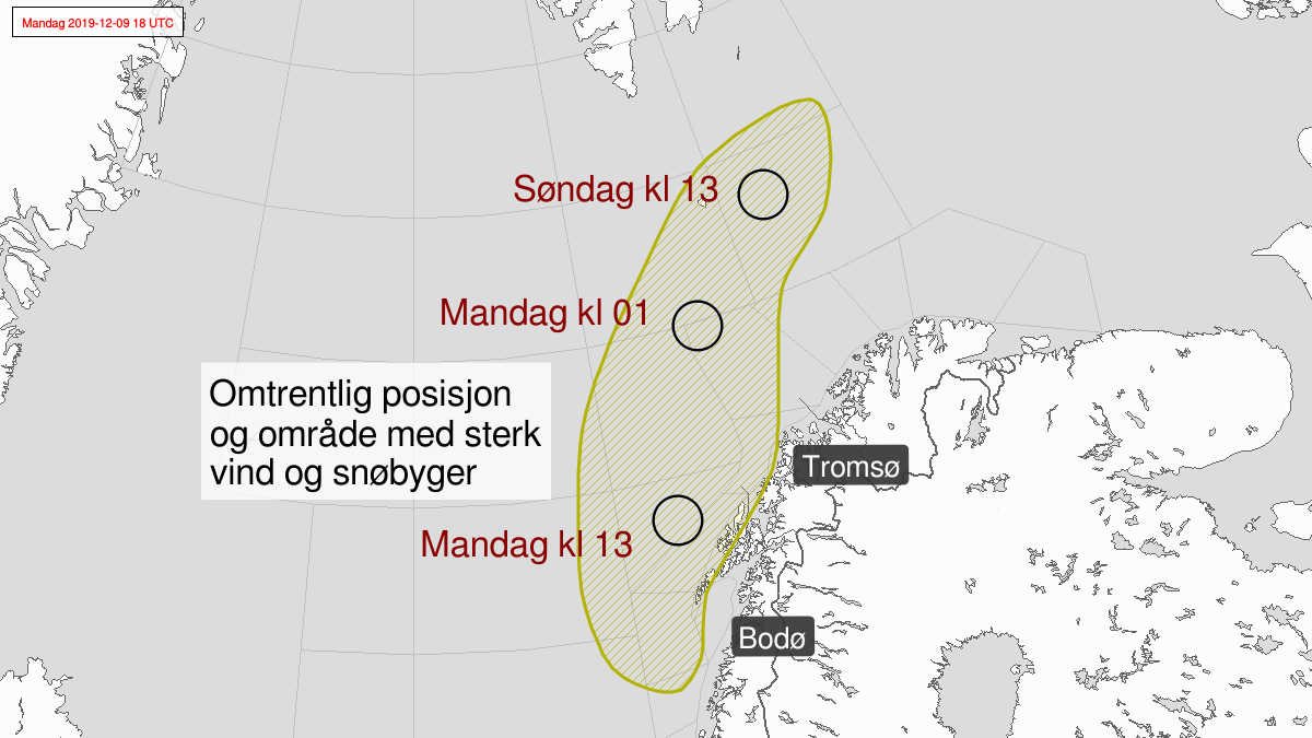 Polart lavtrykk, gult nivå, Lofoten og Vesterålen og Sør-Troms, 09 December 06:00 UTC til 10 December 00:00 UTC.