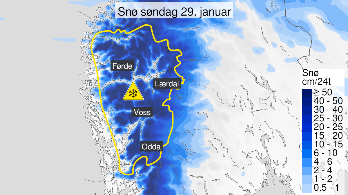 Kart over Snø pågår, gult nivå, Deler av Vestland fylke, 2023-01-29T06:00:00+00:00, 2023-01-30T12:00:00+00:00