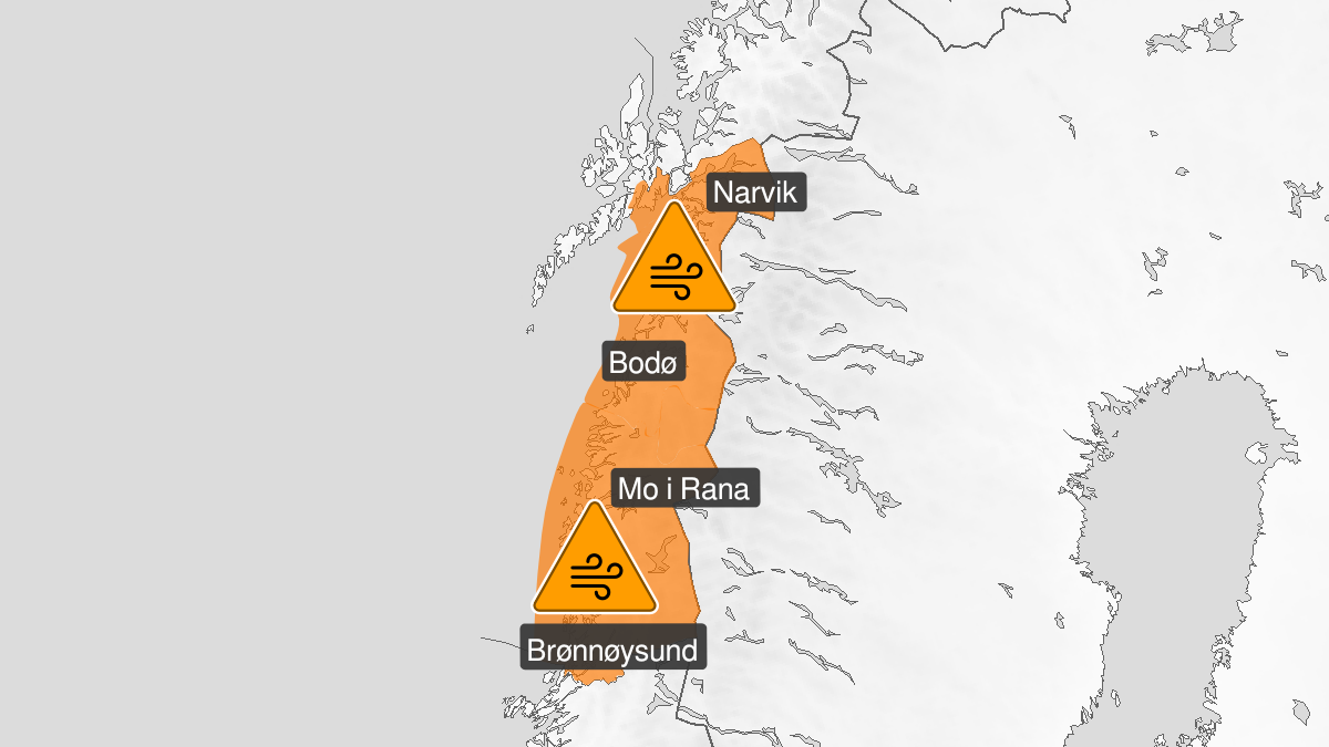 Kart over svært kraftige vindkast, oransje nivå, Helgeland, Saltfjellet, Salten og Ofoten, 01 January 21:00 UTC til 02 January 23:00 UTC.